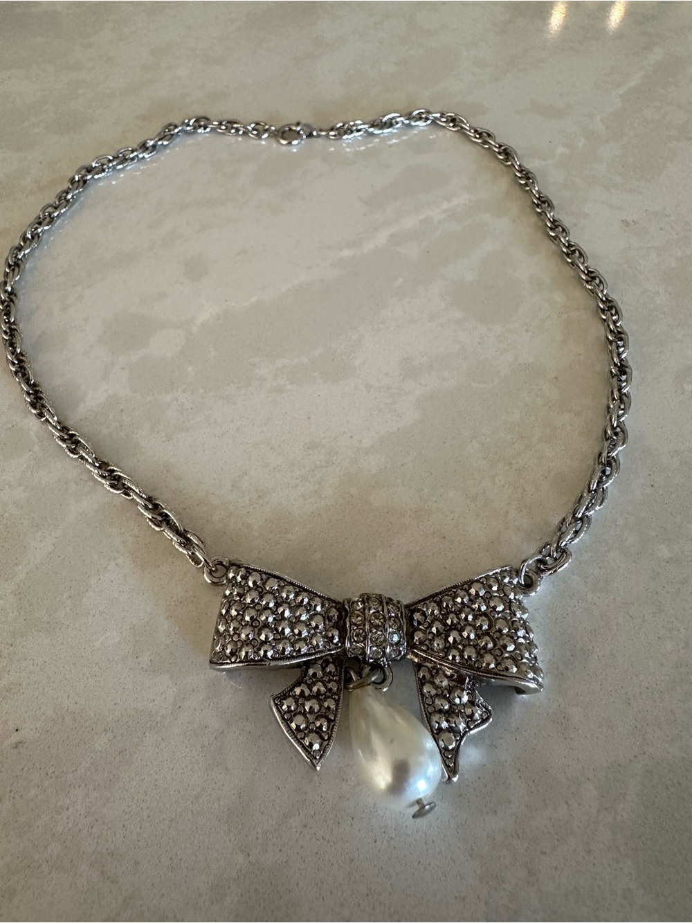 Bow Pendant Necklace with Pearl Drop - Silver